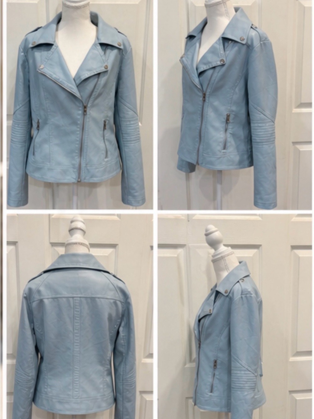 GUESS Light Blue Moto Jacket Faux Leather Biker Zip Large - Picture 6 of 8